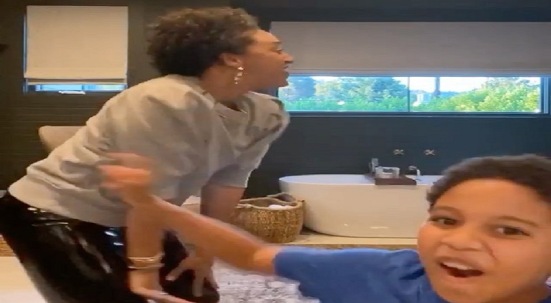 Tia Mowry, and her son, Cree, were having a bonding moment. The two were dancing to a mashup song, and having fun. But, when Tia started twerking, Cree did what any son would do, he tried to cover the screen, and begged his mom to stop twerking, for various reasons.