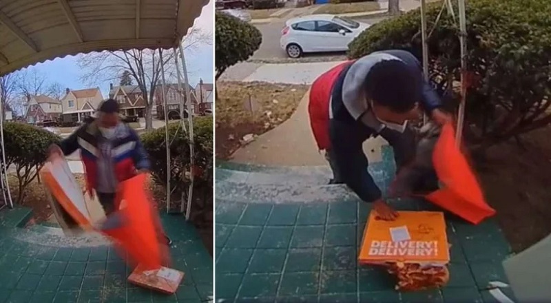 DoorDash delivery driver drops pizza puts back in box