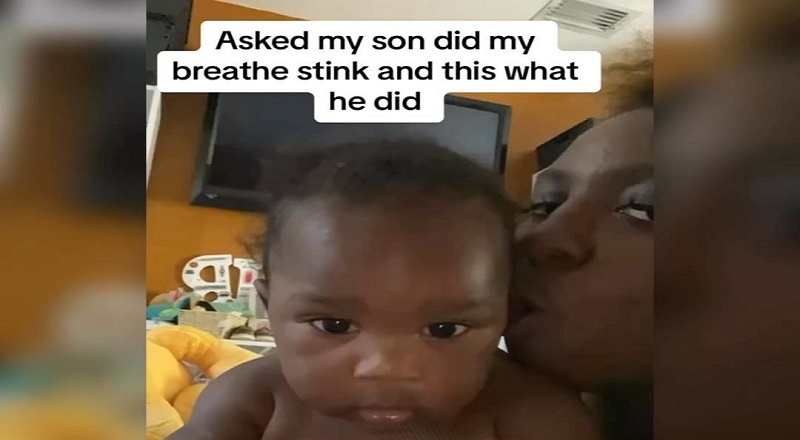 Mom blows breath in toddler's face and he pretends to pass out